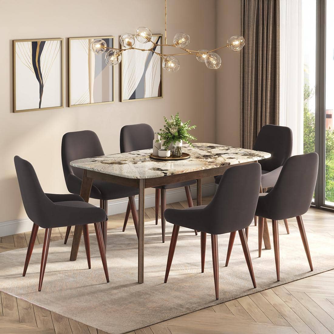 Lunar Alaska Exotic Stone 6 Seater Dining Table With Rickman Lounge Chairs