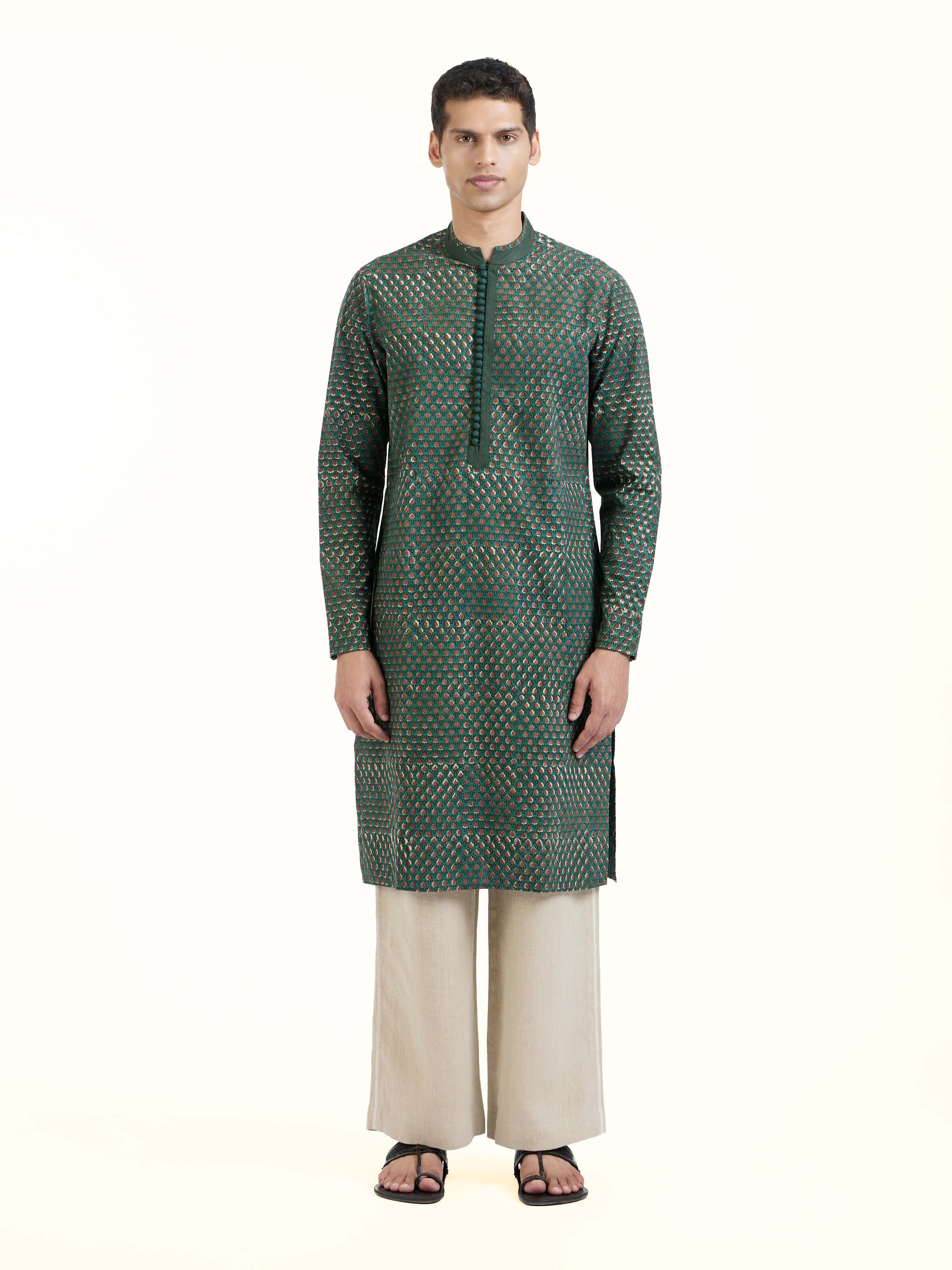 Front view of teal cotton Phad block printed long kurta with traditional motifs