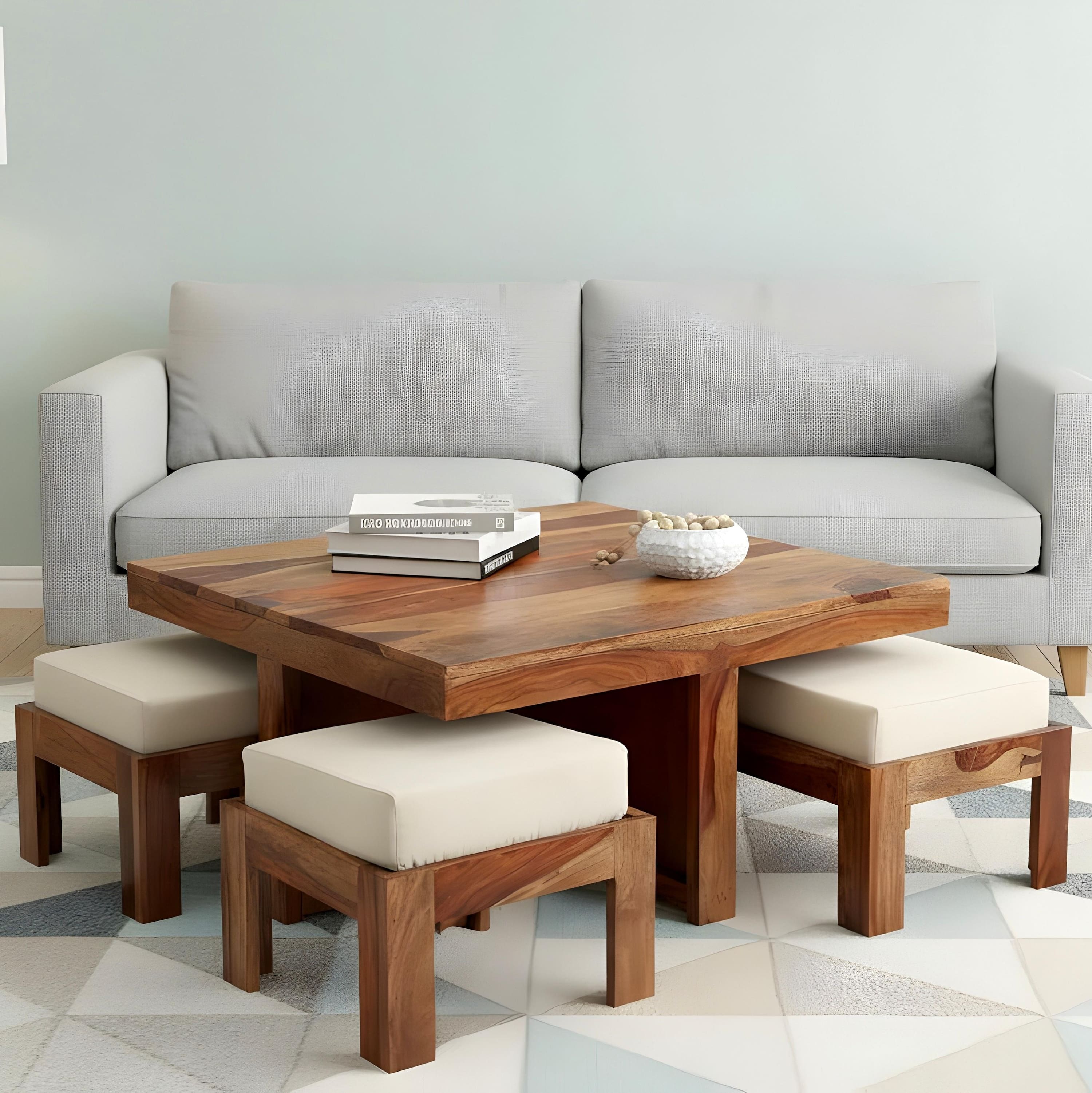 Blane Sheesham Wood Accent Coffee Table Set With 4 Stools In Natural Teak Finish