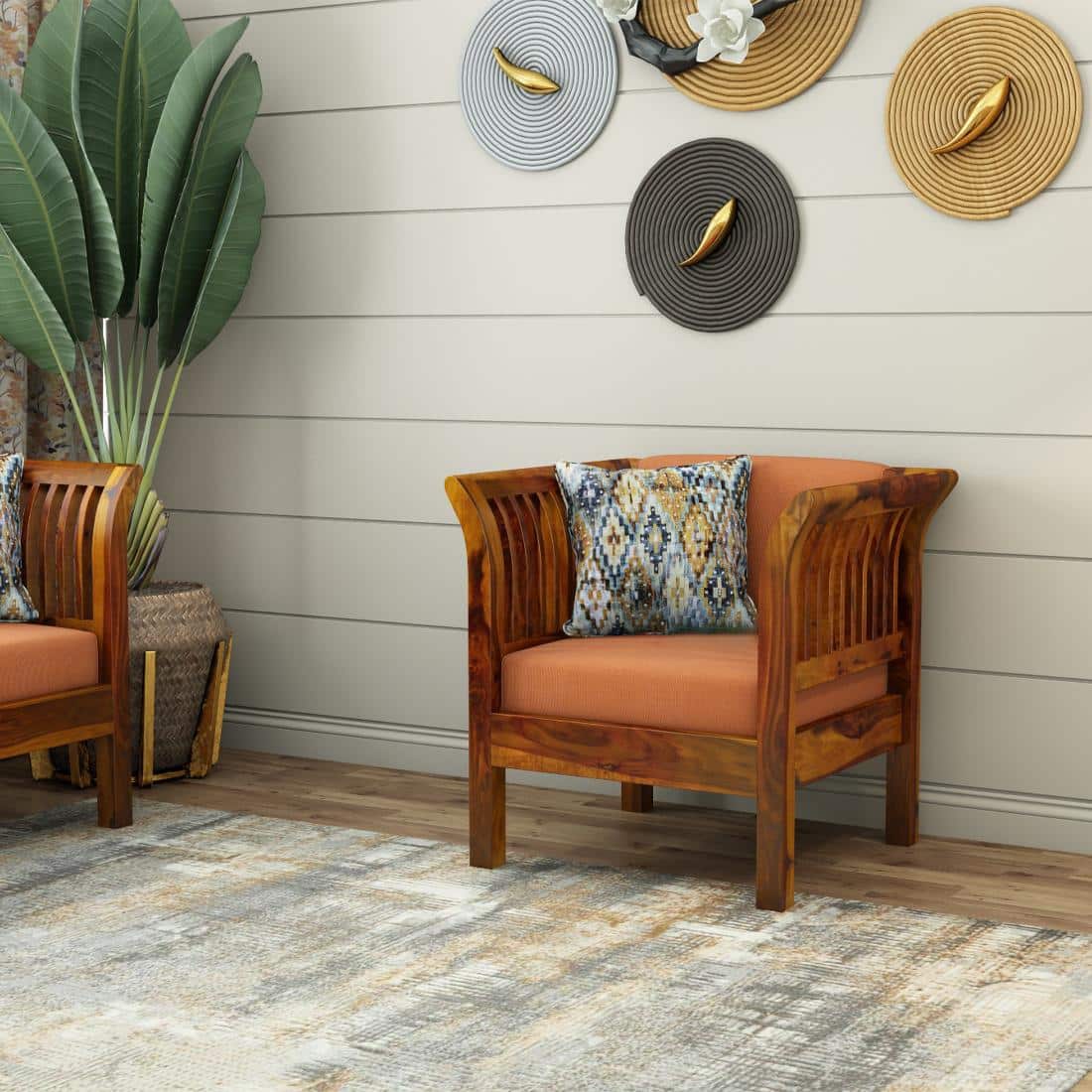 Haveli 1 Seater Wooden Sofa (Orange Colour, Honey Finish)