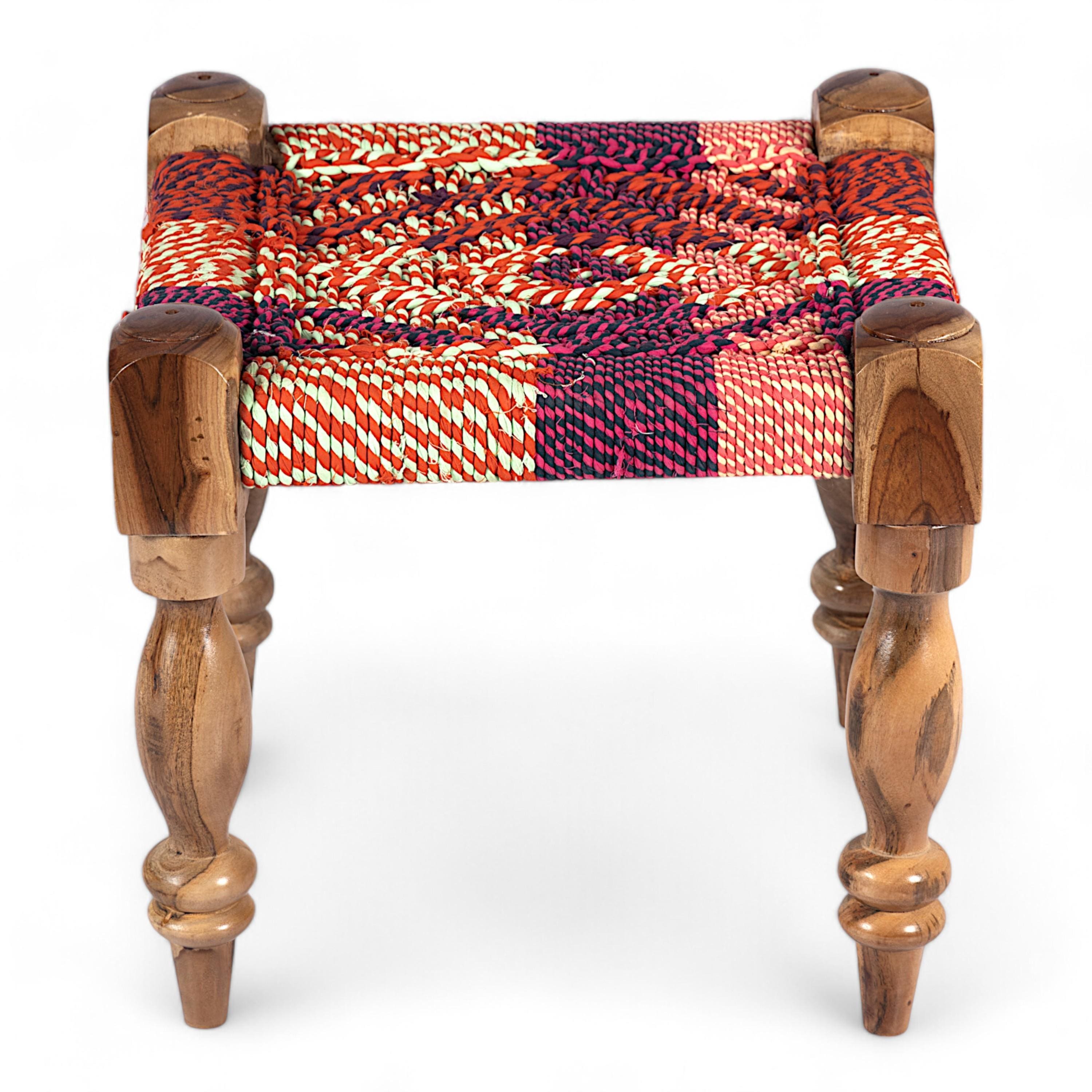 Riaza Sheesham Wood Maachi Stool in Assorted Multi-Colour Chindi Rope Canning