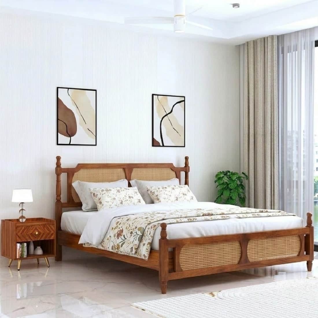 Regale Solid Mango Wood King Size Bed With Cane Desgined In Natural Teak Finish - Demiwall