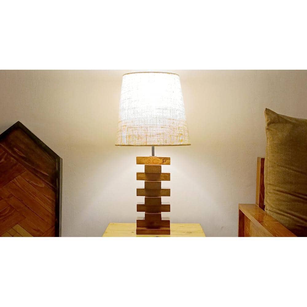 Libra Brown Wooden Table Lamp with White Fabric Lampshade