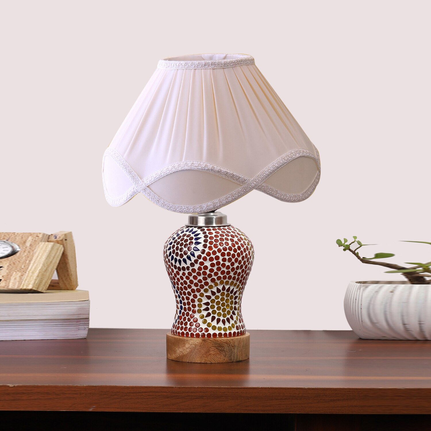 Devansh Off-White Vintage Cotton Pleated Shade Lamp With Wood & Mosaic Glass Base For Decoration/Office/Home/Gifting/Study For Decoration/Office/Home/Gifting/Study
