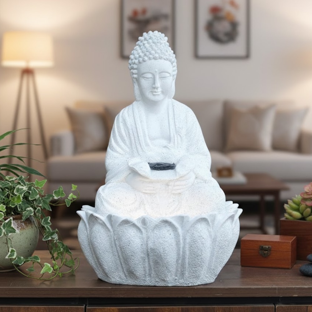 White Fiber Glass Hexa Lotus Buddha Indoor Water Fountain - Expleasia