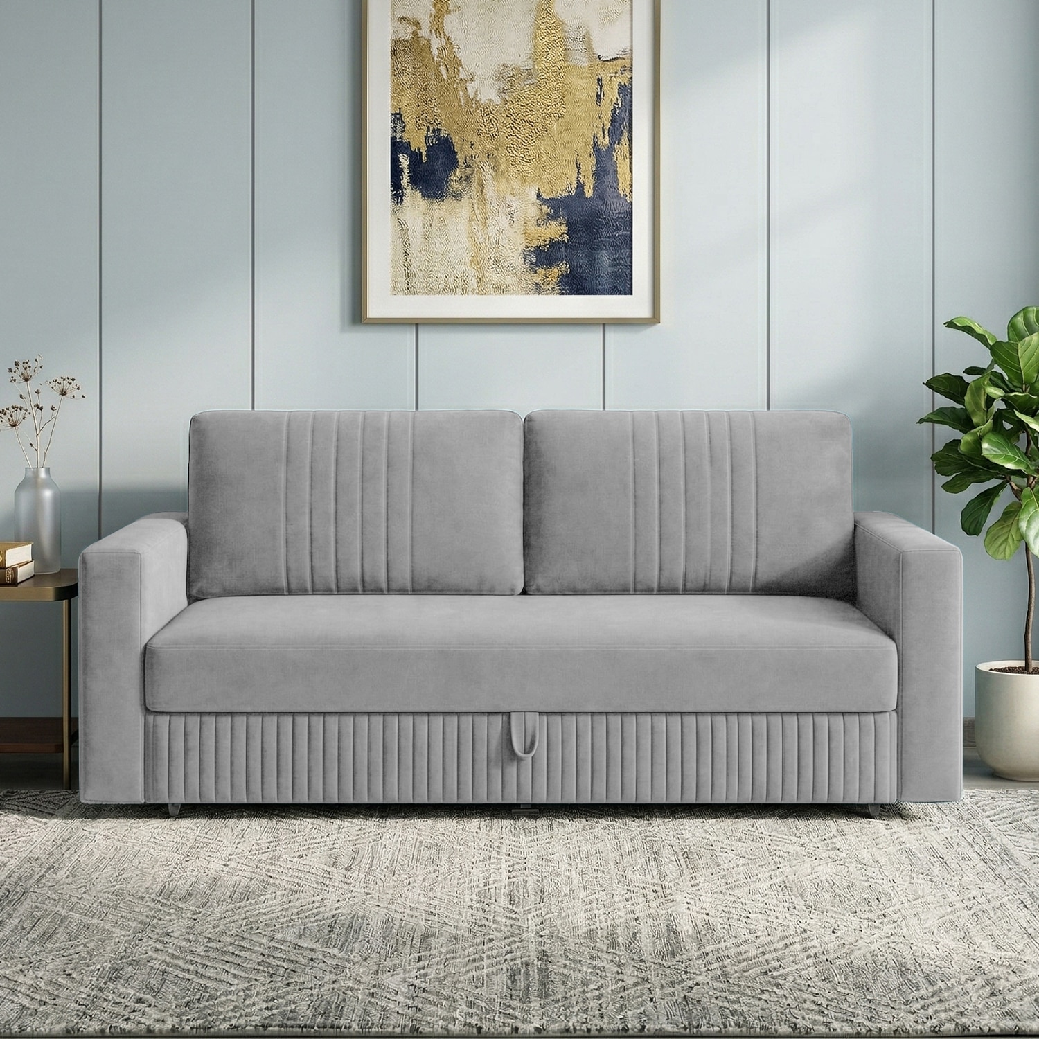 Alfon 3 Seater Velvet Pull Out Sofa Cum Bed with Storage In Grey - Home Lifestylez