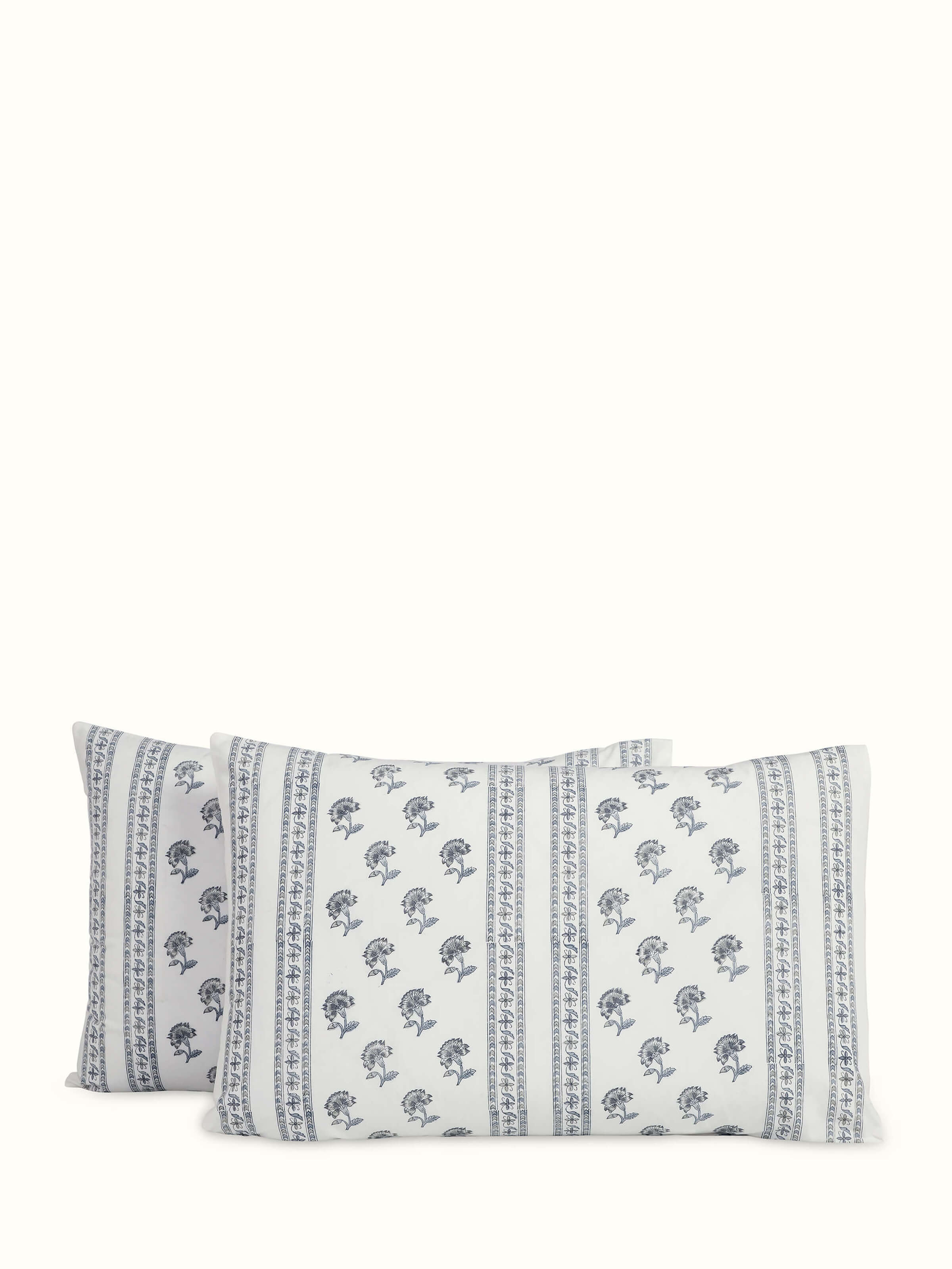 Aarunya Grey Floral Stripe Cotton Sanganeri Hand Block Print Pillow Cases (2 Pcs)