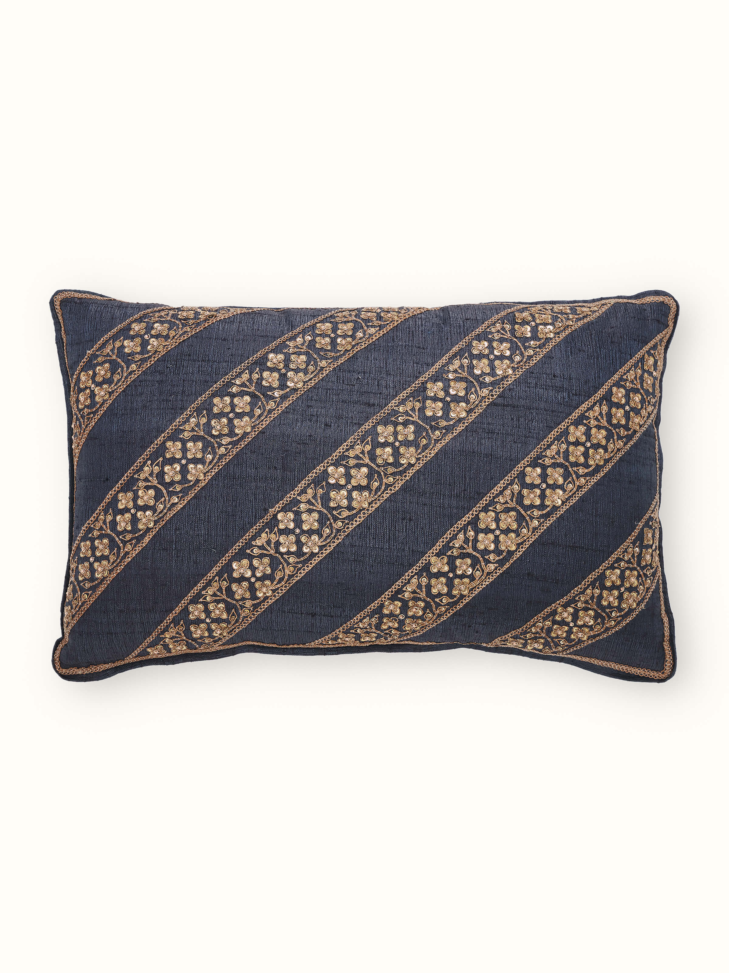 Alankar Dark Blue Diagonal Stripe Silk Zardozi Hand Embroidered Cushion Cover