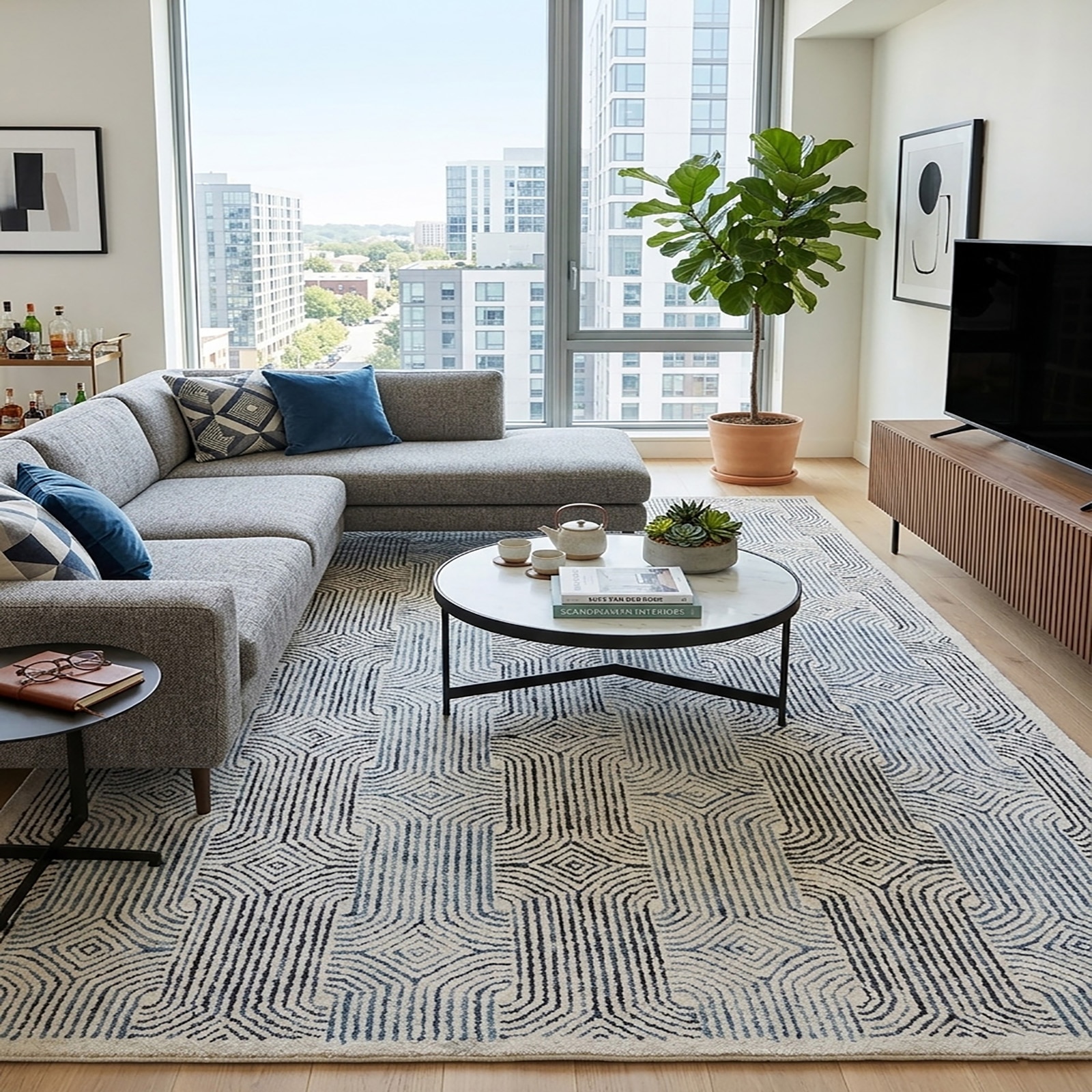 Hand Tufted Geometric Maze Area Rug Navy Off White 65 x 92 - The Woven Legacy