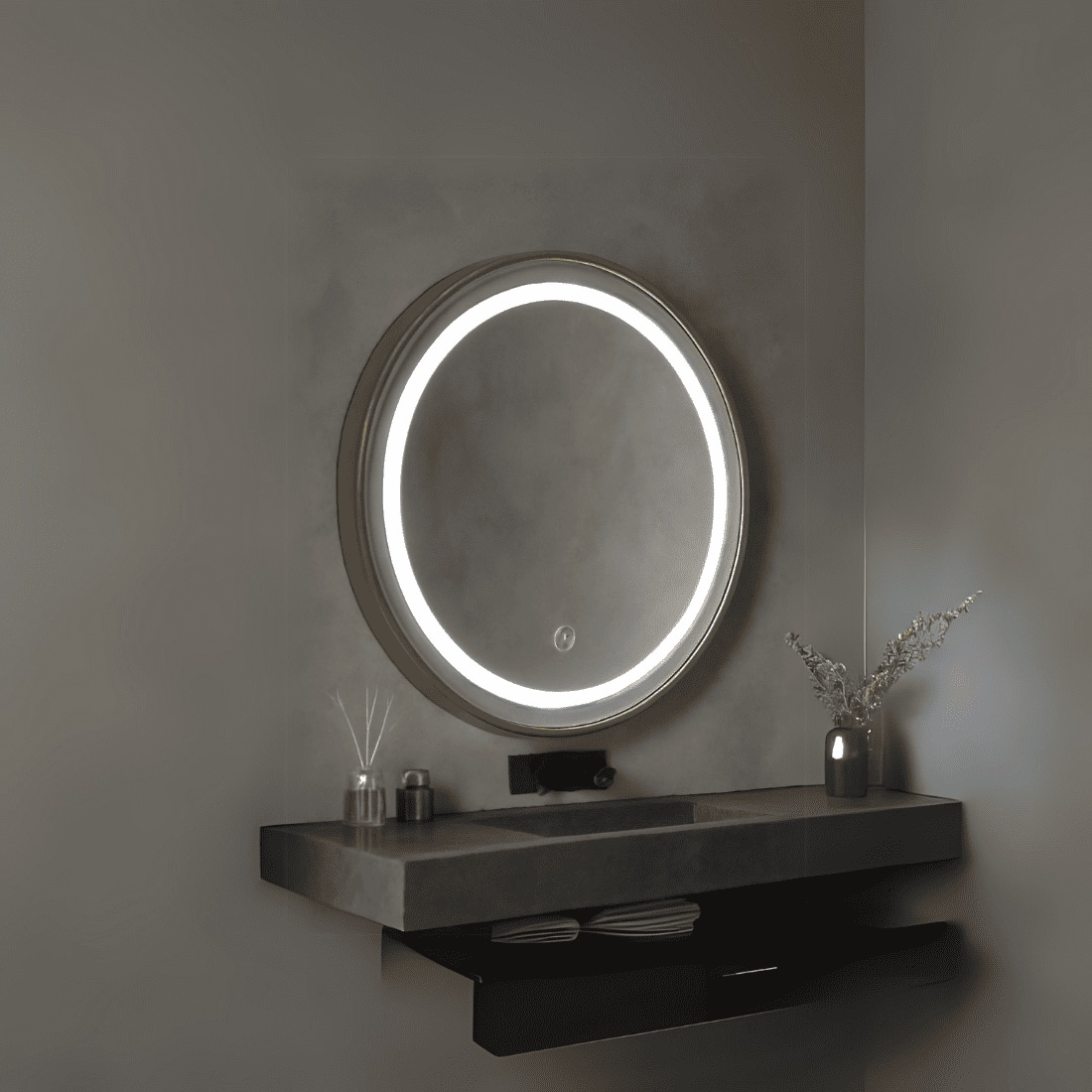 Round LED Mirror with Gold Aluminium Frame Modern Circular Vanity Mirror