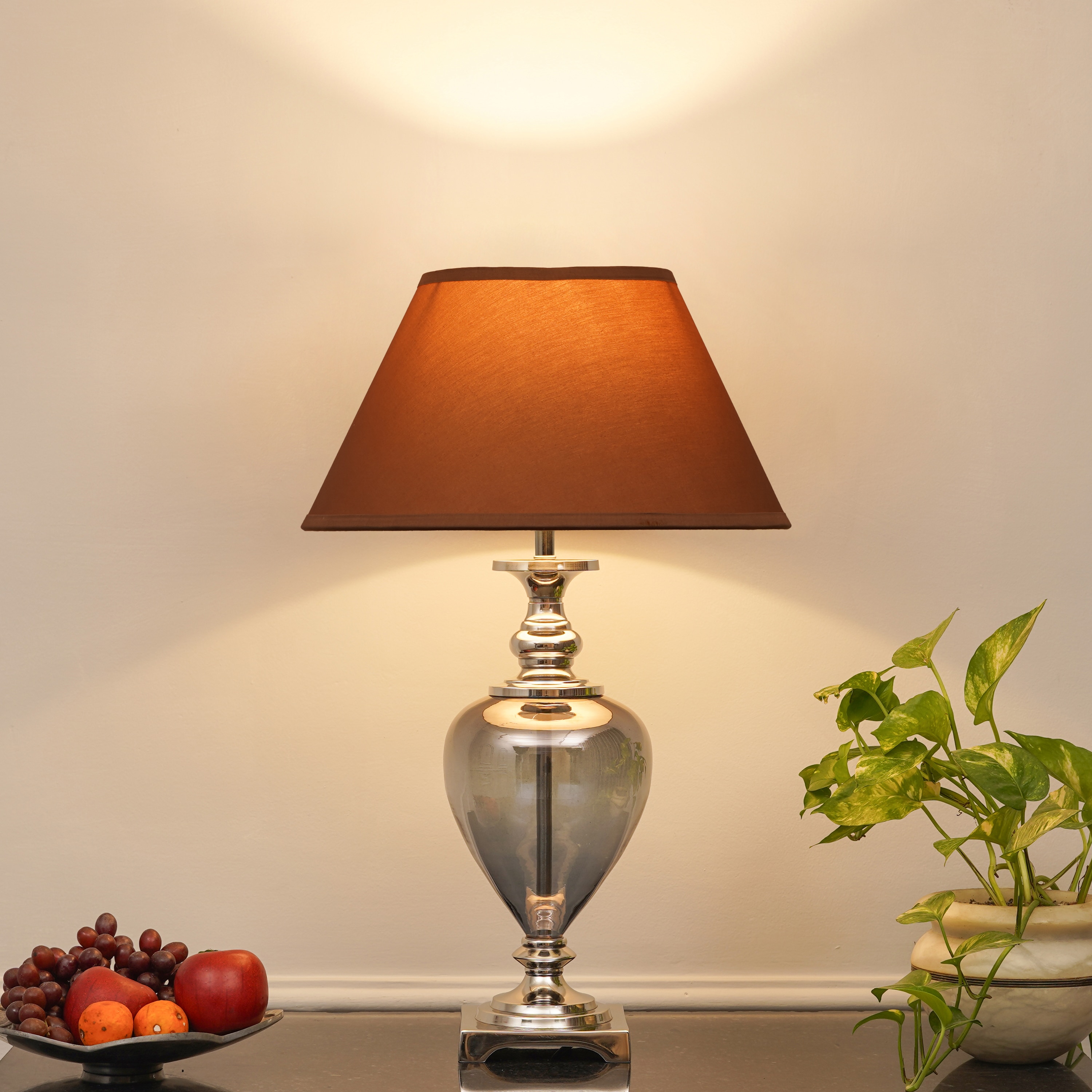 Hinton Blue Glass And Nickel Finish Metal Table Lamp With Beige Cotton Shade - Kapoor Lamp Shades