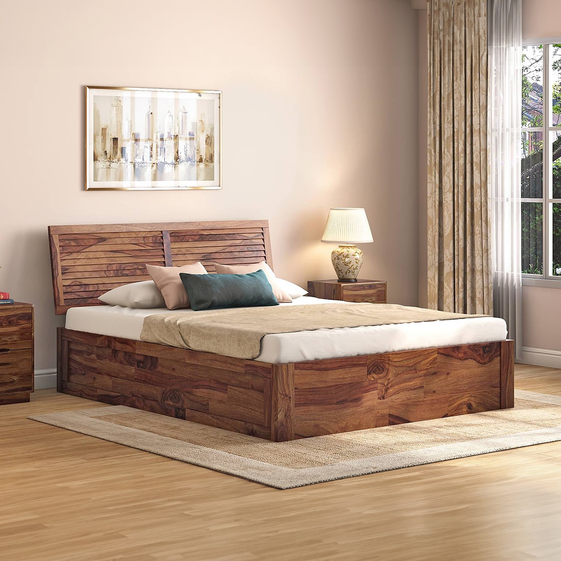 Terence Solid Wood King Size Box Storage Bed In Teak Finish
