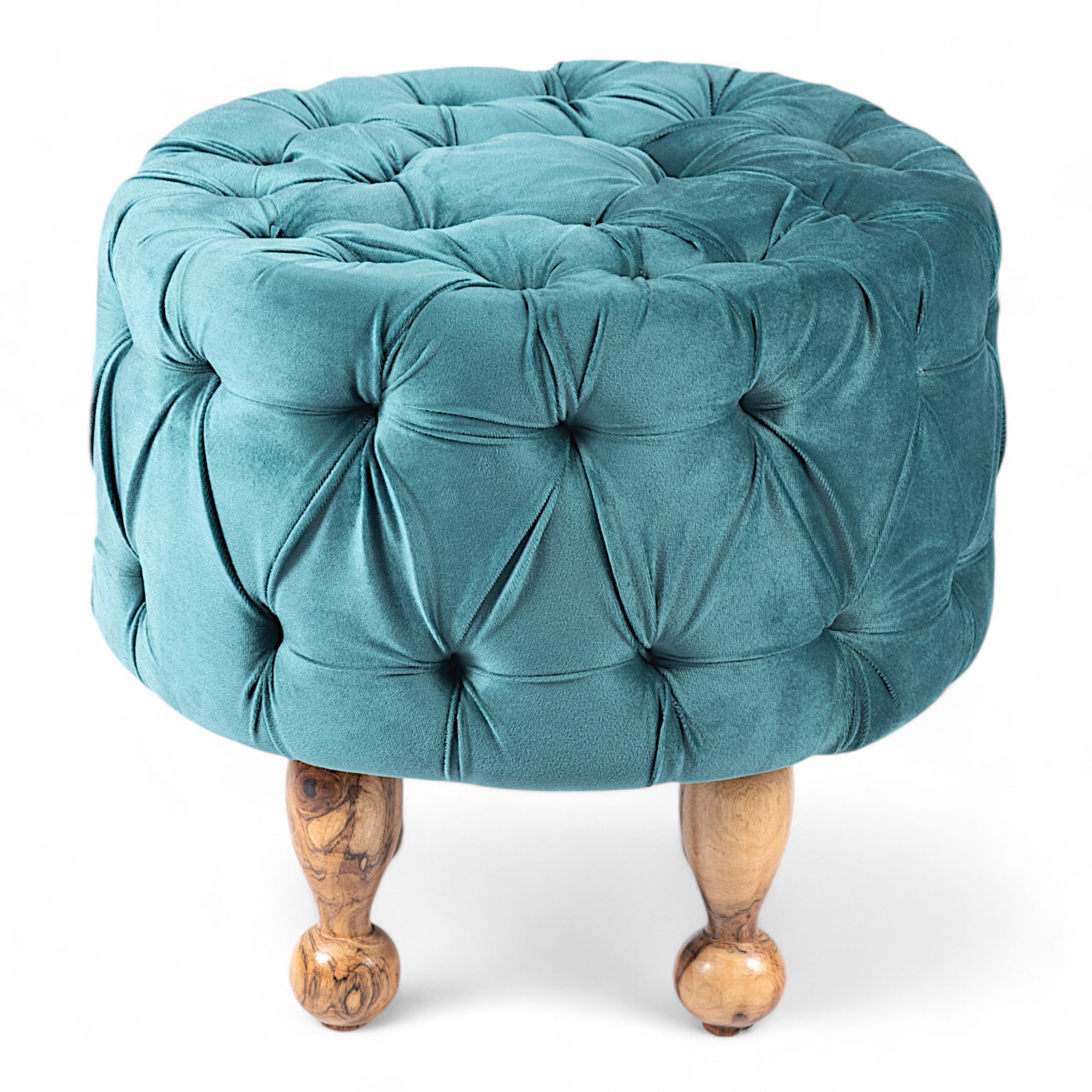 Louisville Acacia Wood Accent Round Pouf Stool in Turquoise