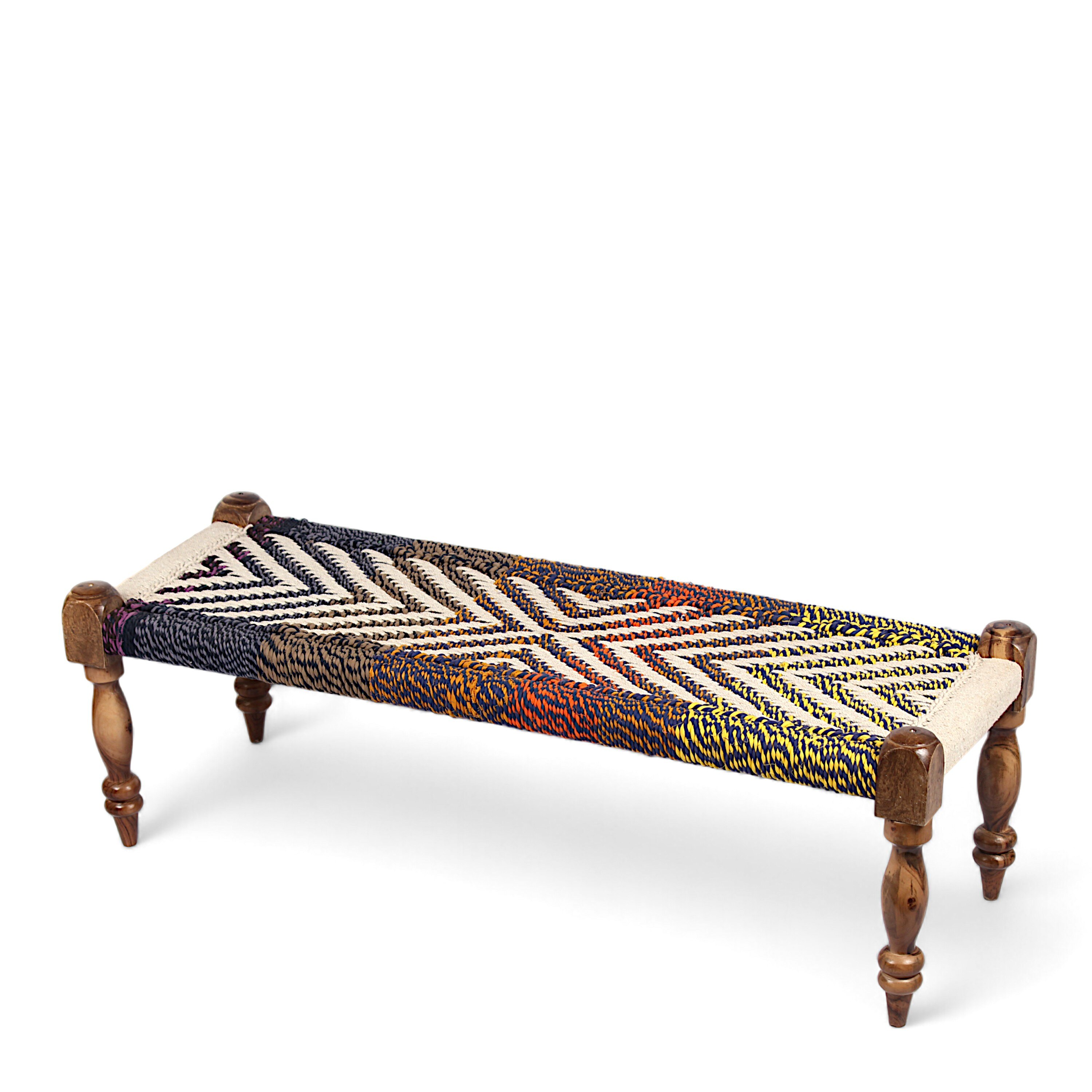 Hamilton Sheesham Wood 2 Seater Maachi Bench Set With 2 Stools In Assorted Multi-Colour Chindi & White Rope Canning