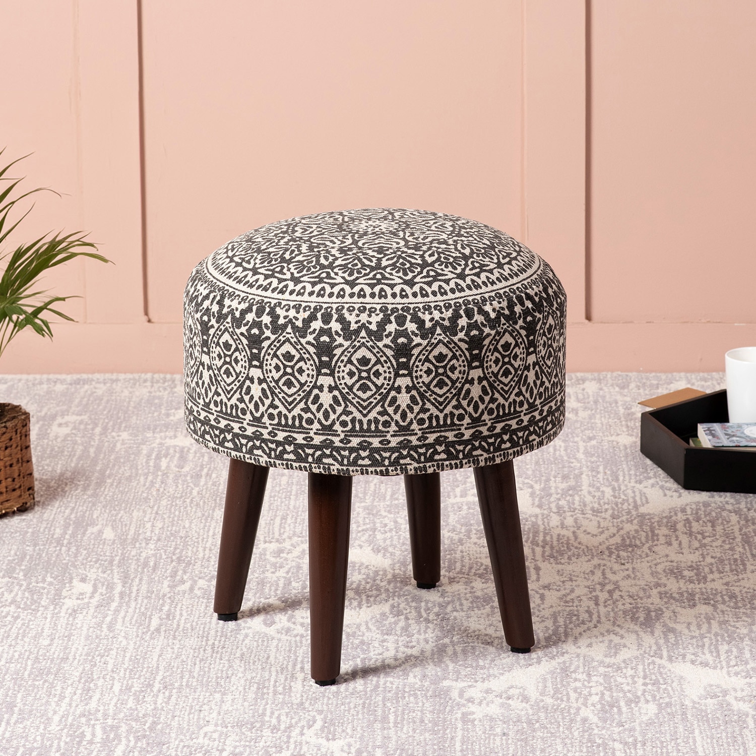 Botanic Fabric Wooden Ottoman in Grey Color - Nestroots