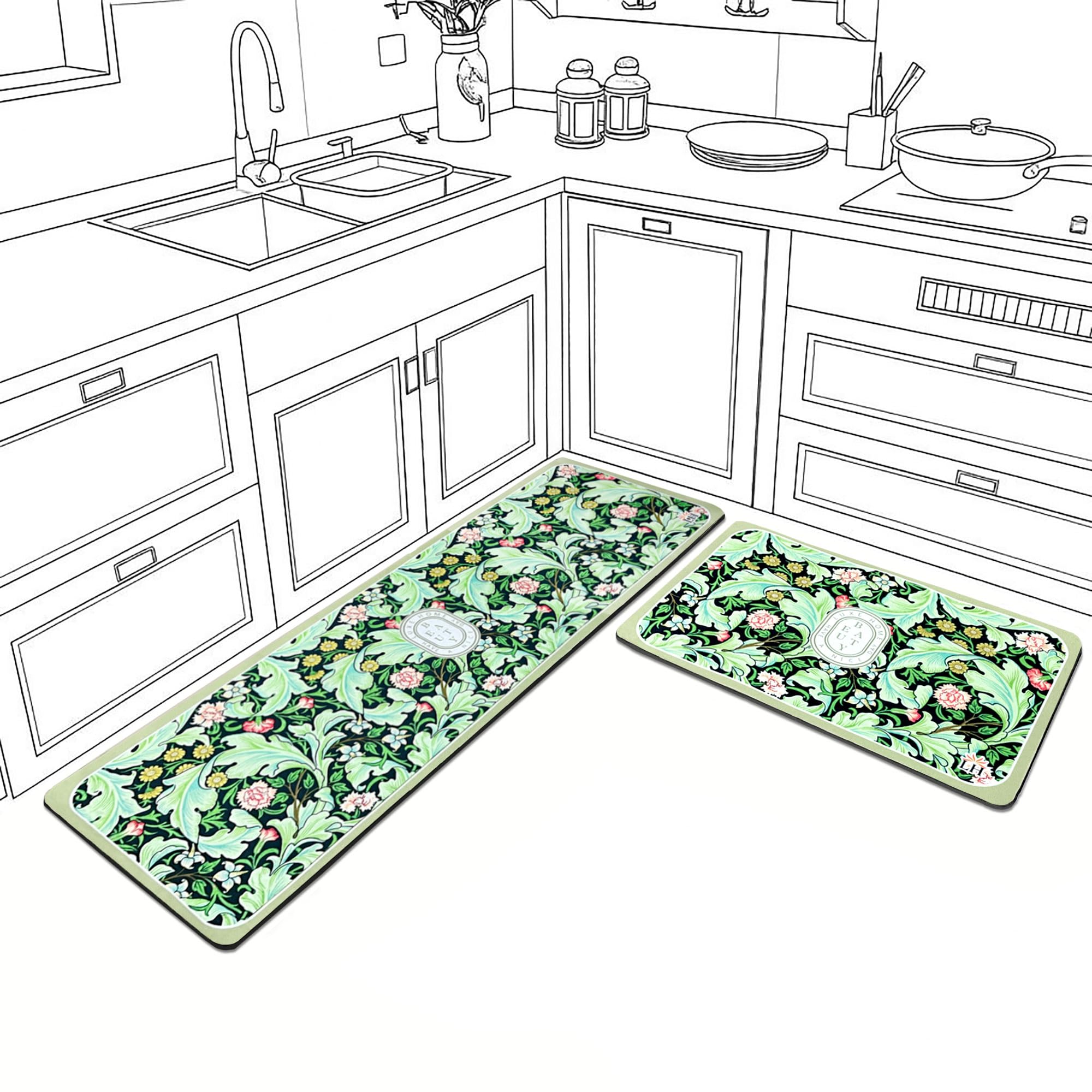 Luxe Home Floral Design Combo Kitchen Runner Mat - Green (116x36 & 58x36 cm PC-2)