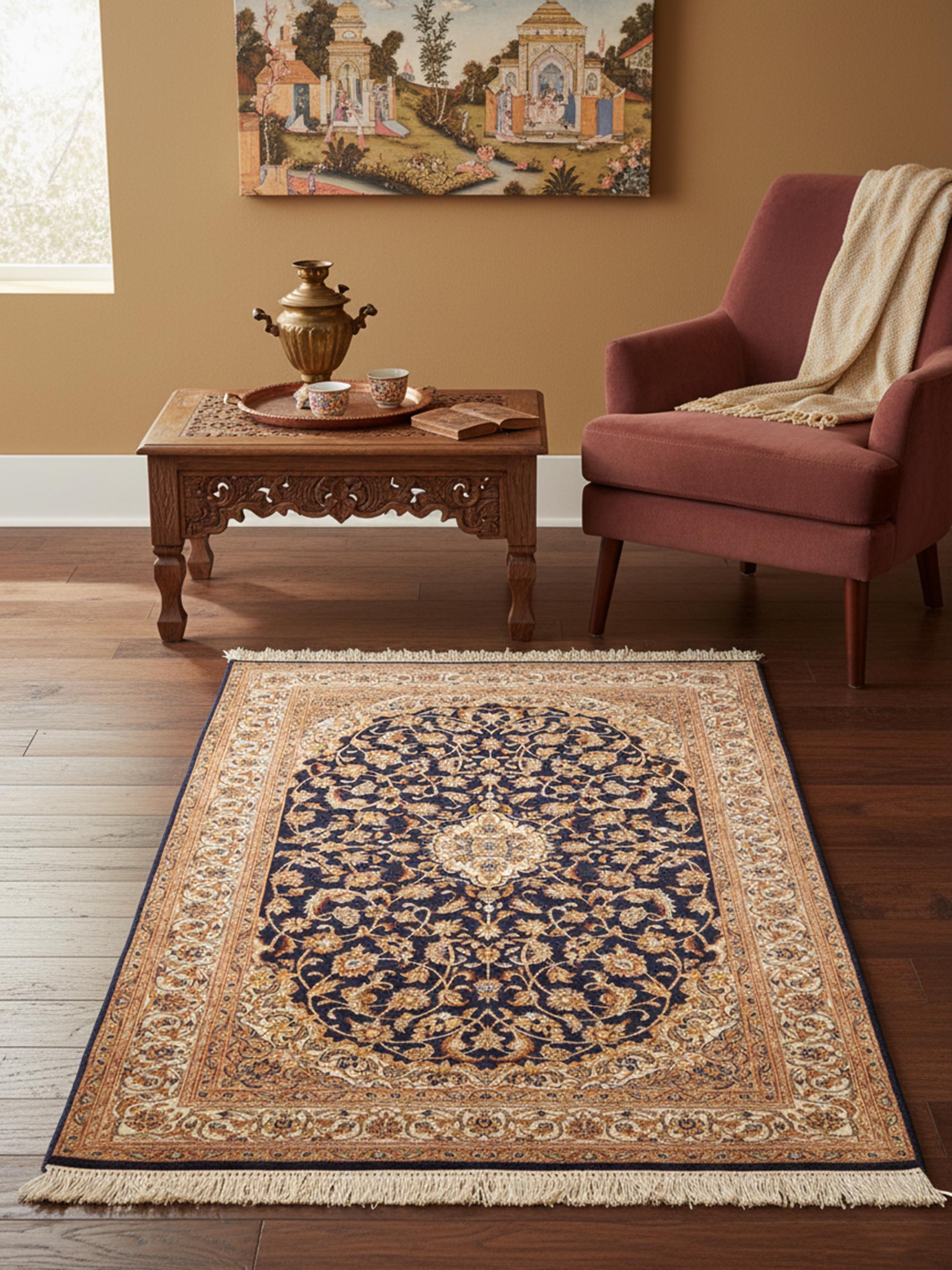 Traditional Persian Navy Beige Kashan Kashmir Silk Hand-Knotted Carpet