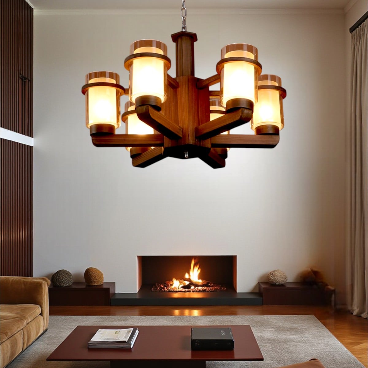Eliante Chandelier - 6 Light Mild Steel Wood Glass Hanging Ceiling Light Fixture - Eliante