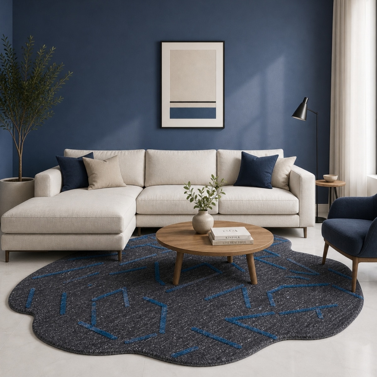 Modern Geometric Wool Silk Shaped Rug Charcoal Blue 9 x 12 Feet Handmade Carpet - NEU LOOMS