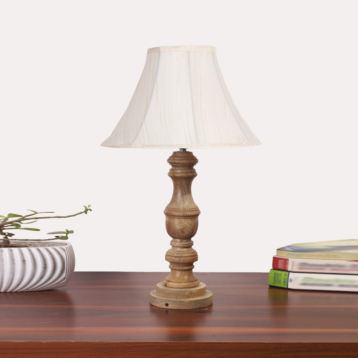 Devansh Off-White Cotton Vintage  Lamp With Wood Base (12X19) - Devansh