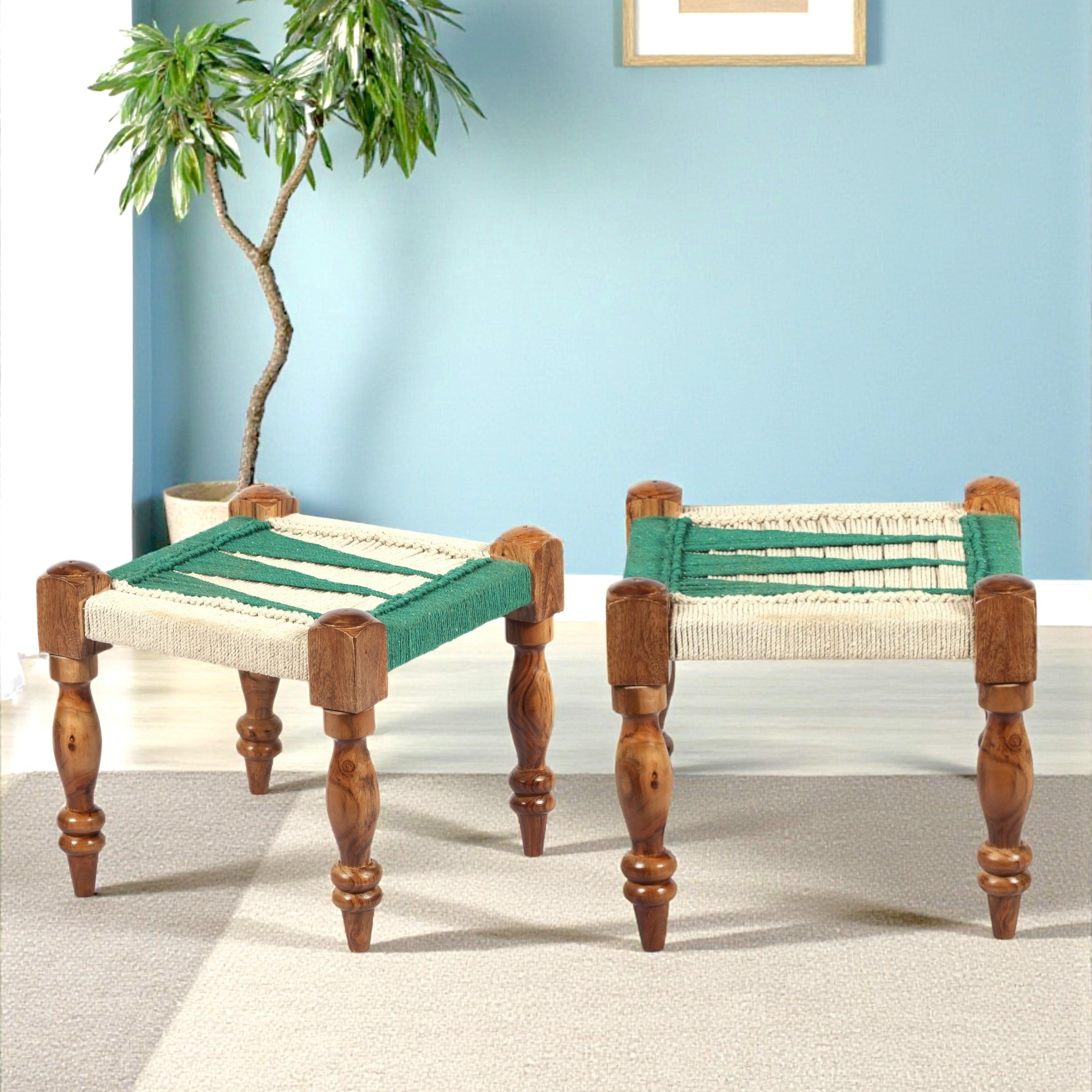 Riaza Sheesham Wood Vintage Set of 2 Stools in Green & White Rope Canning