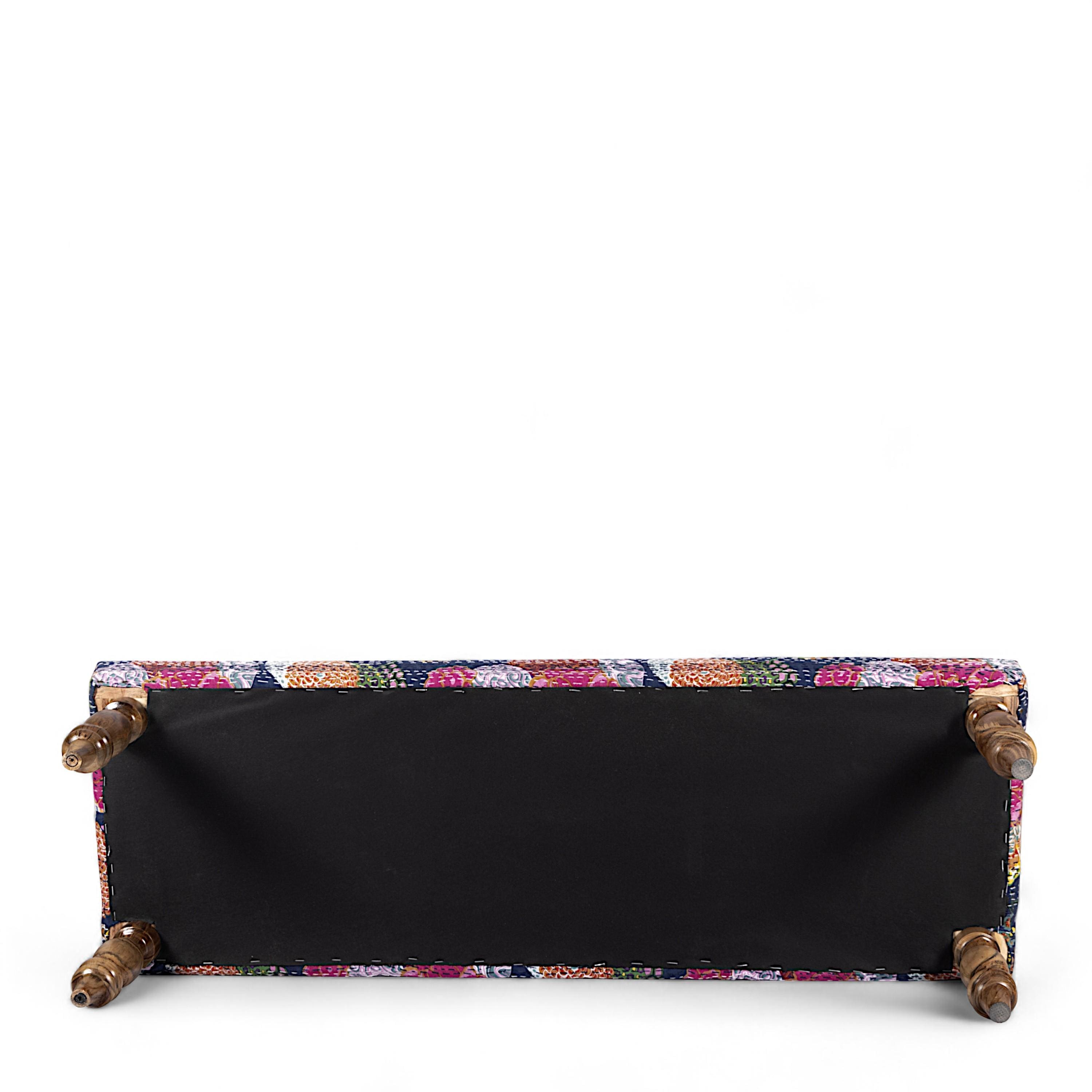 Cairo Sheesham Wood Mid Century Seater Bench Set  2 Stools In Fruit Print Blue Kantha