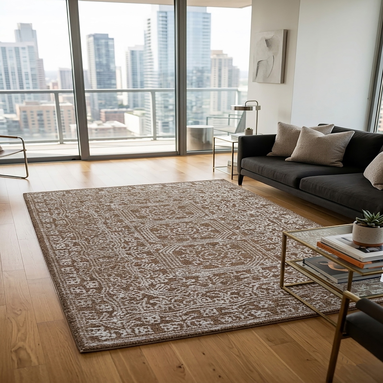 Handcrafted Medallion Area Rug Brown Cream Persian Style 64 x 90 - The Woven Legacy