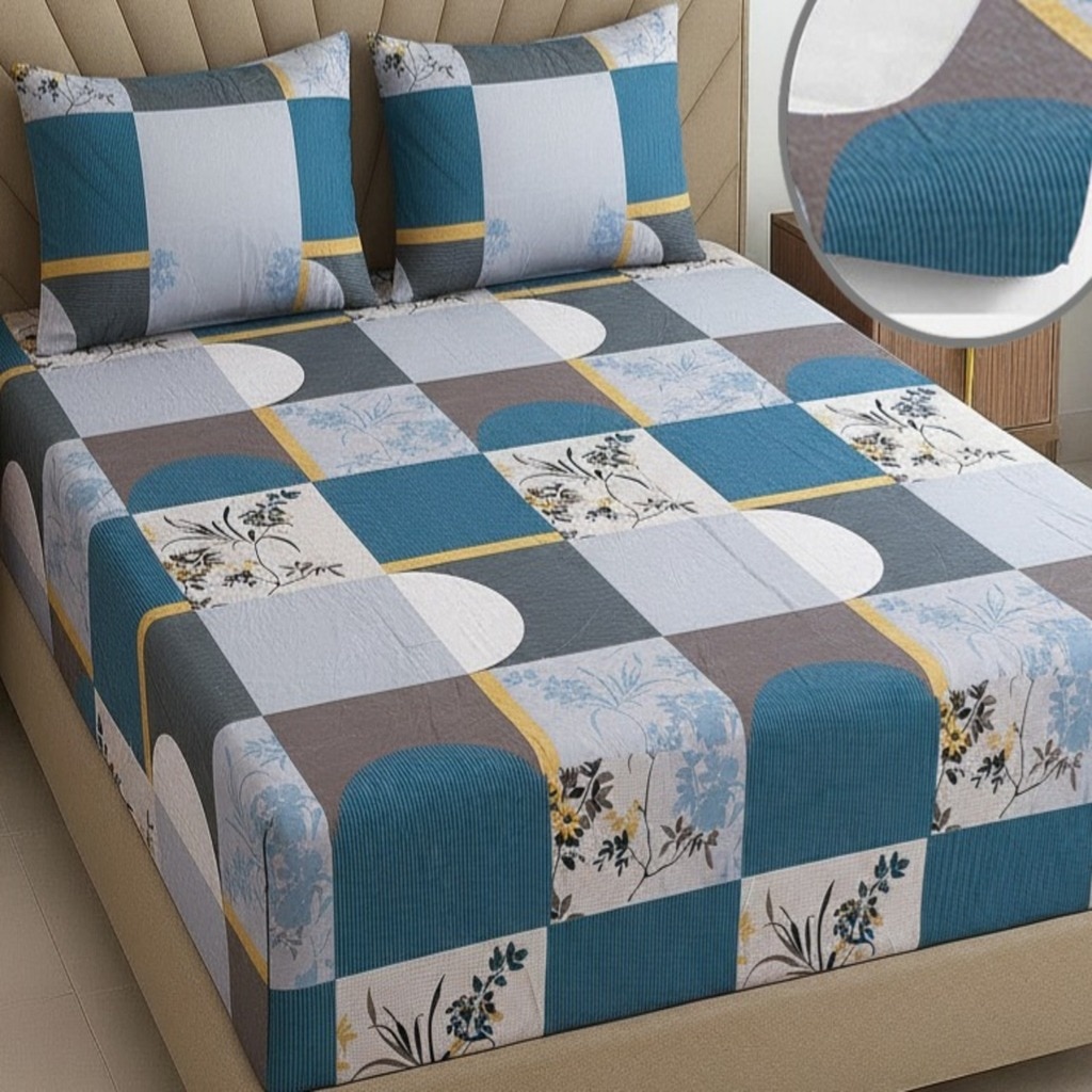 Blue Floral 270 TC Glaze Cotton Fitted Queen Size Bedsheet With 2 Pilllow Covers