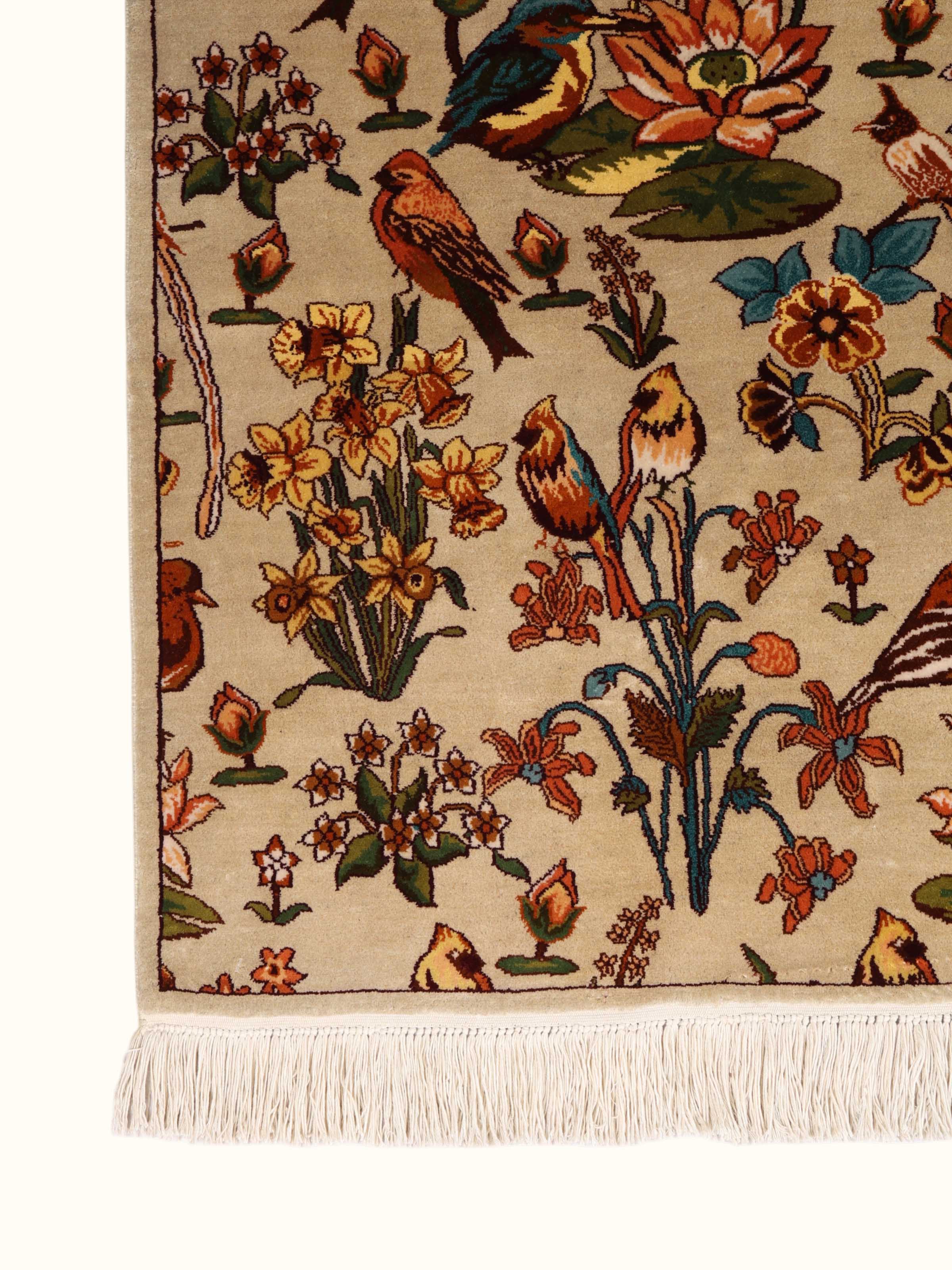 Traditional Gilded Sage Gul-e-Bulbul Kashmir Silk Hand-Knotted Carpet