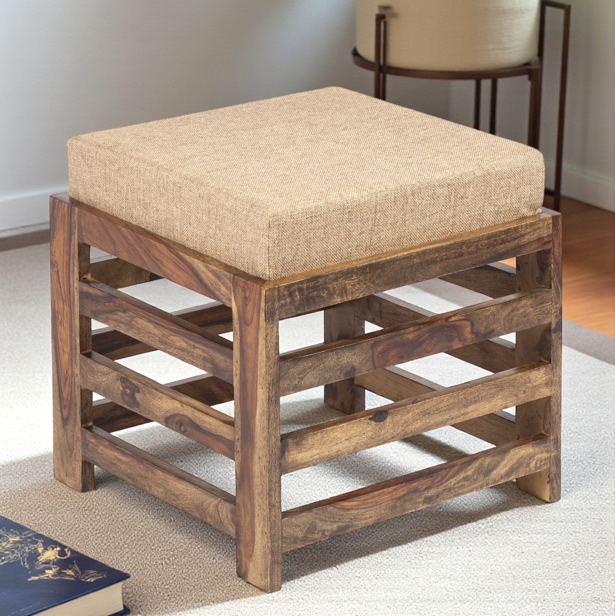 Houston Sheesham Wood Stool in Teak Finish with Jute Beige Cushion