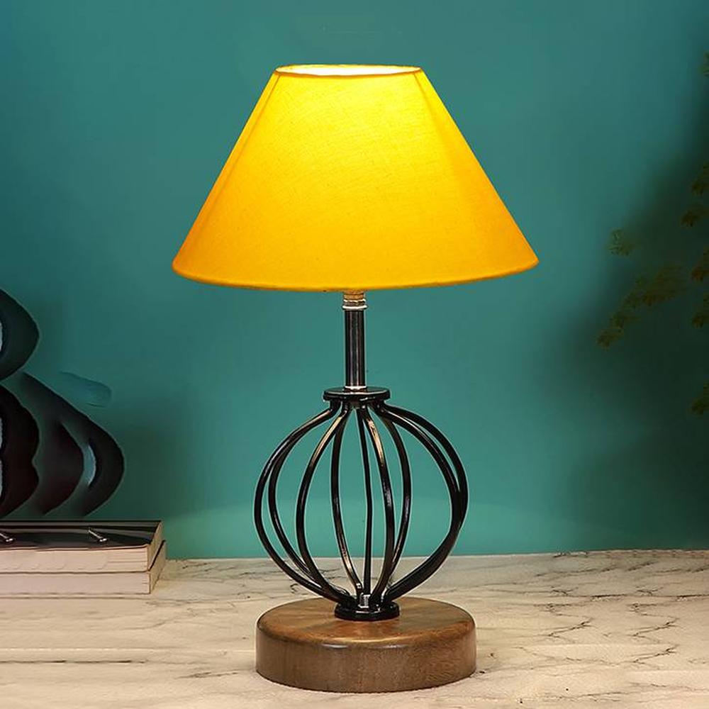 Thea Yellow cotton Table lamp with Wood & Iron Base - Devansh