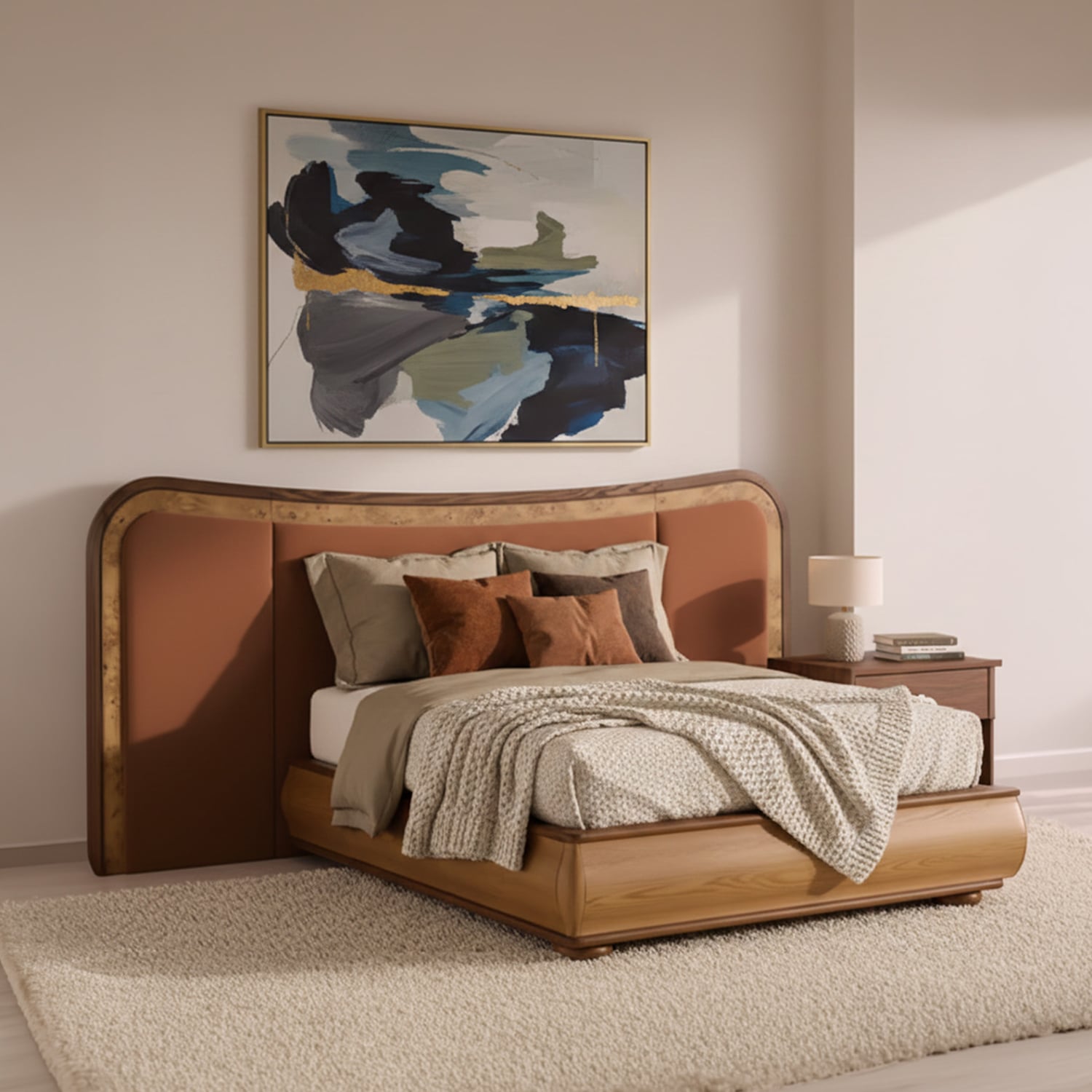 Elowen Softline Queen Size Bed in velvet With Oak wood Frame & Hydraulic Storage - Nestroots
