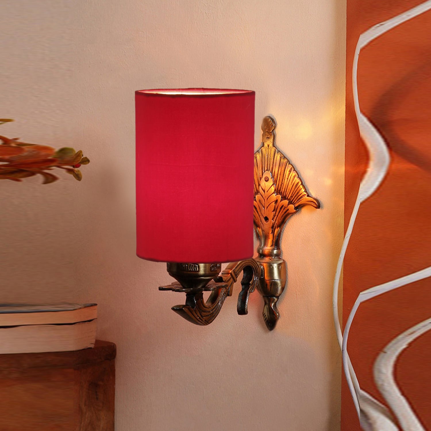 Devansh Metal Electric Wall Light in Antique Gold Colour with Red Shade Count of 1 Light - Devansh