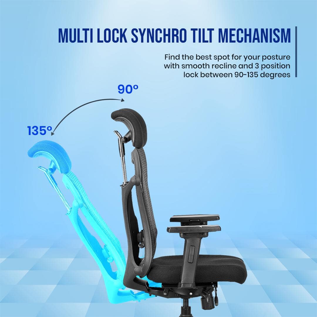 Vertex High Back Mesh Office Chair with Headrest in Black Colour