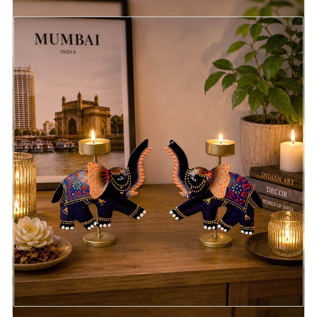 Desert Art Metal Handpainted Elephant Tealight Holder Set of 2 - Desert Art