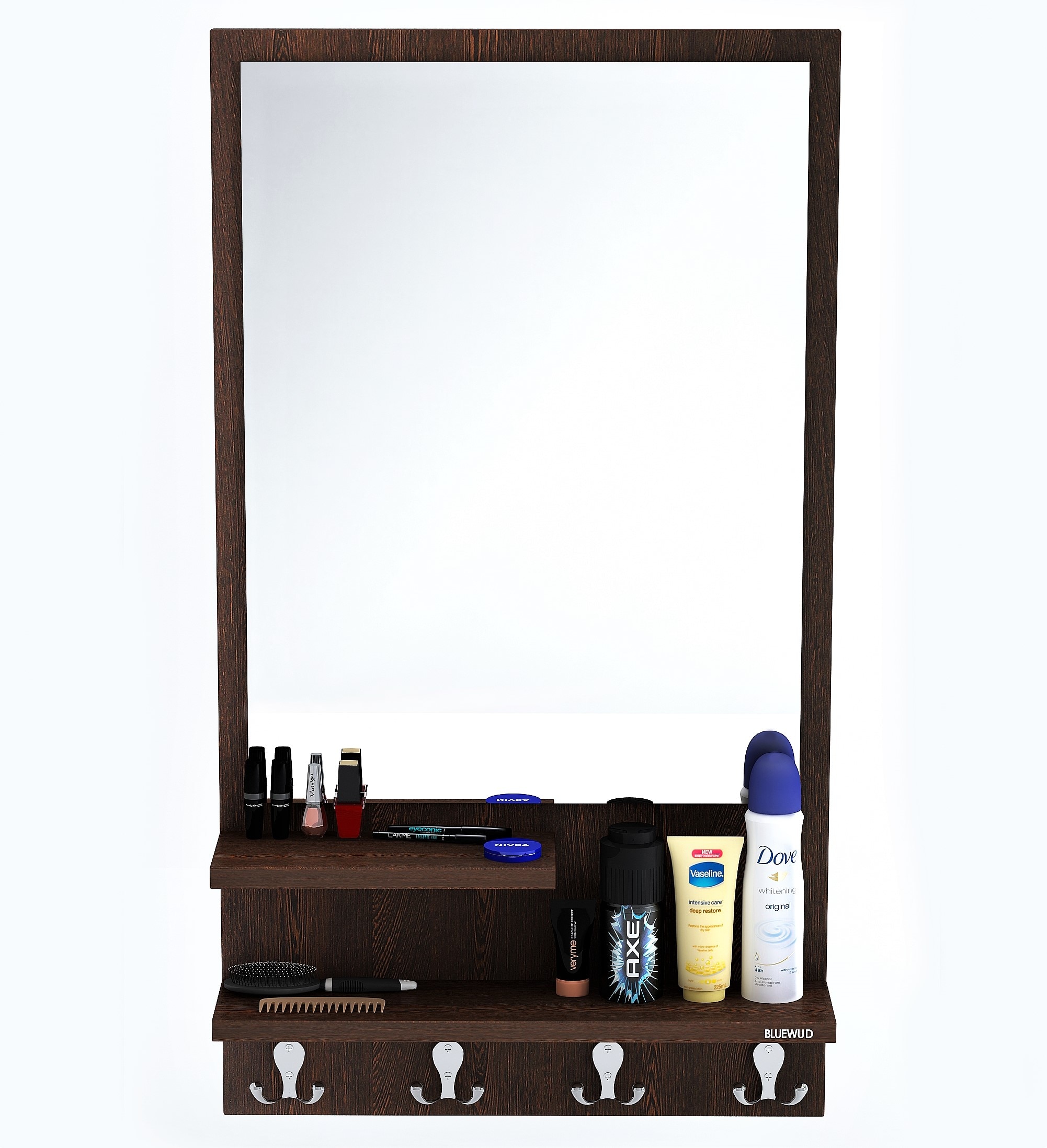 BLUEWUD Rico Engineered Wood Wall Mount Dressing Table Mirror with Shelves & Hooks (Wenge)