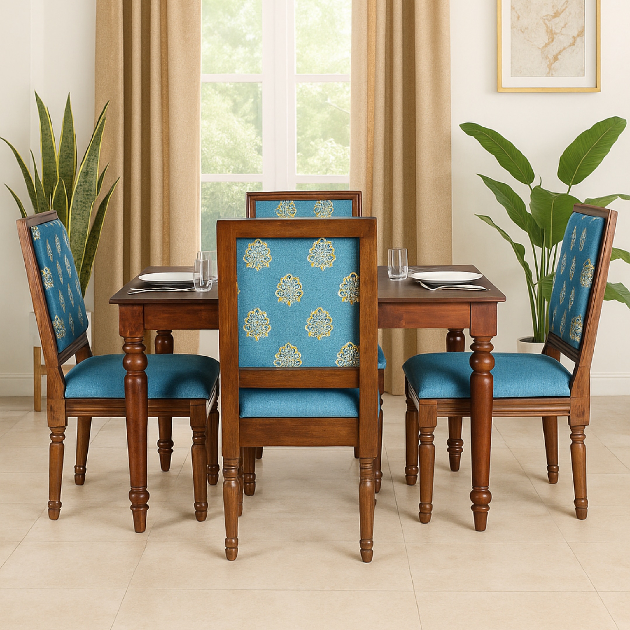 Globally Indian Sheesham Wood Turning Leg 4 Seater Dining Table Set With 4 Solid Wood Upholstered Chairs –  In Blue Color