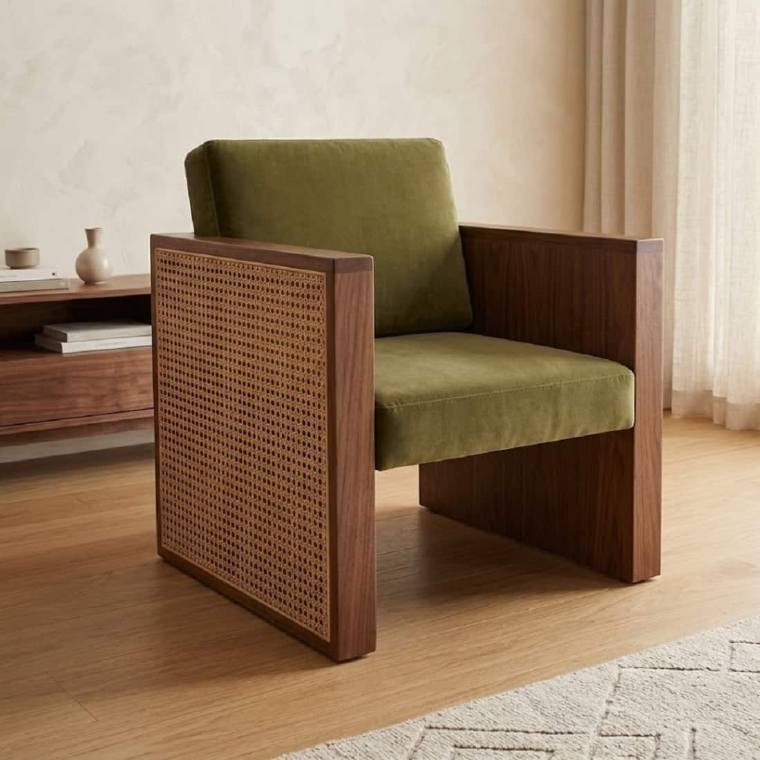 Dhuna Solid Wood 1 Seater Rattan Designed Sofa With Cushion Arram Rest In Provincial Teak Finish - Demiwall