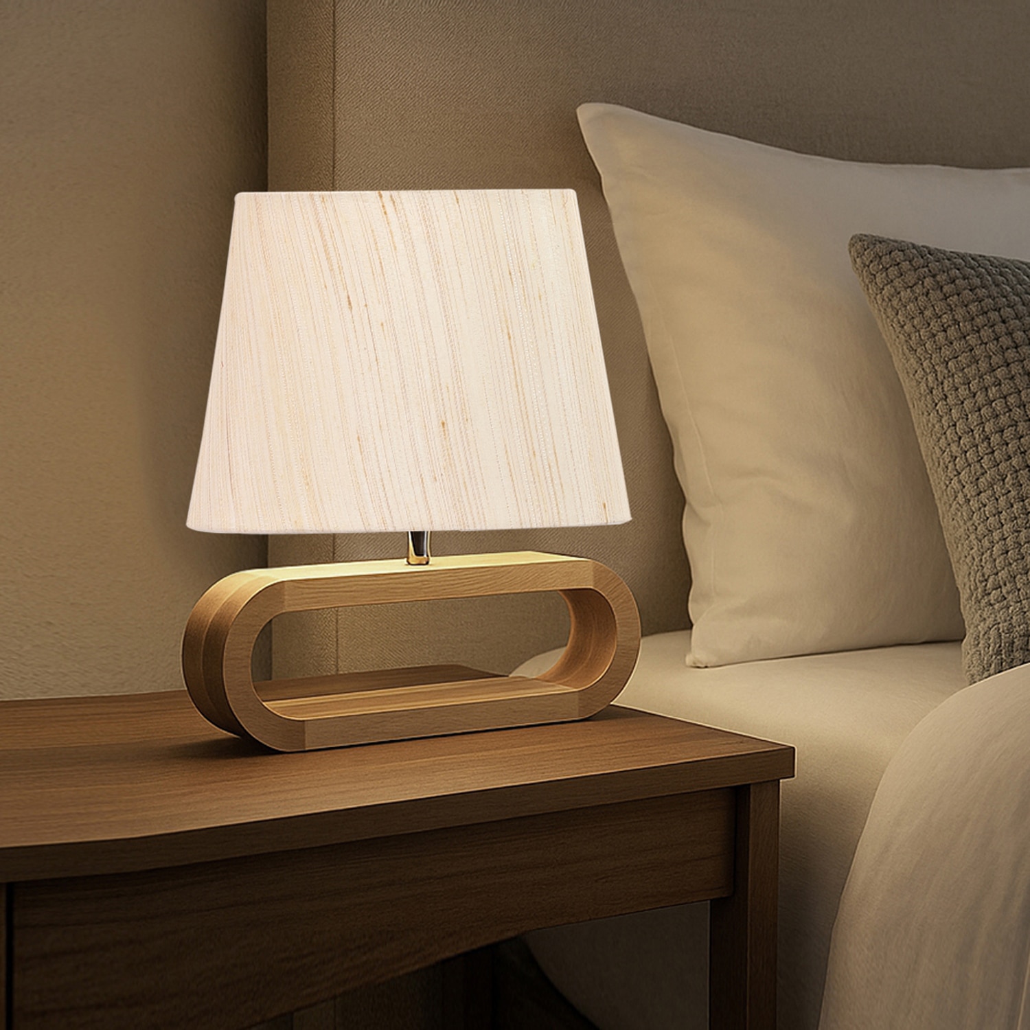 Devansh Off White Cotton Table Lamp With  Wood Natural Base  -2 - Devansh
