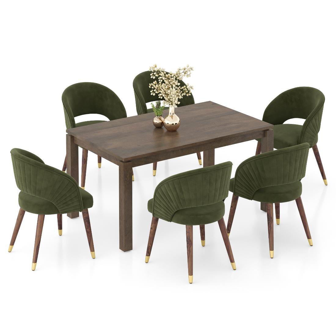 Atlas Solid Wood 6 Seater Compact Dining Table In Danish Walnut Finish with 6 Celia Dining Chair in Deep Olive Velvet Fabric