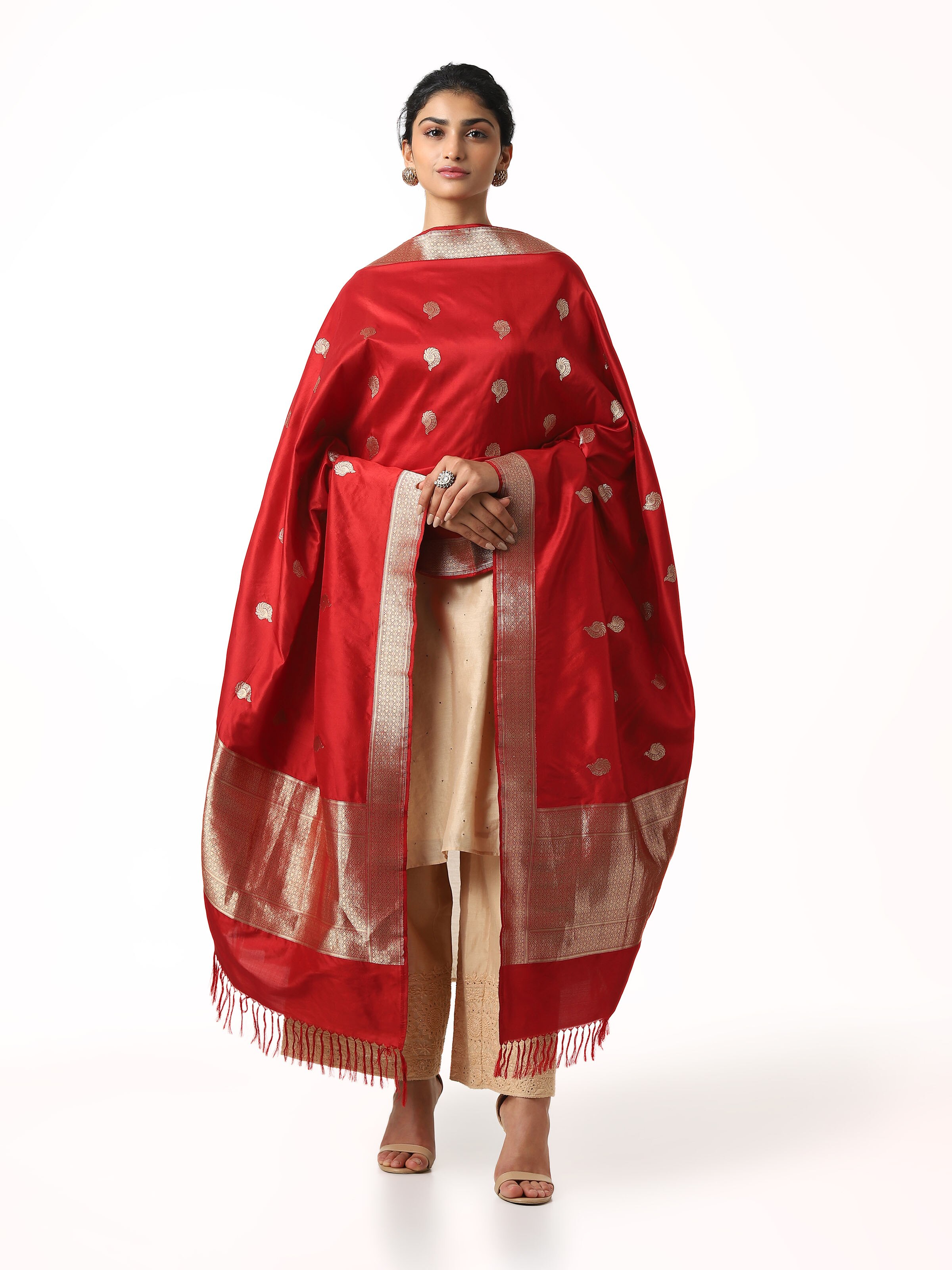 Front view of red Banarasi silk kadwa handwoven dupatta with gold zari motifs