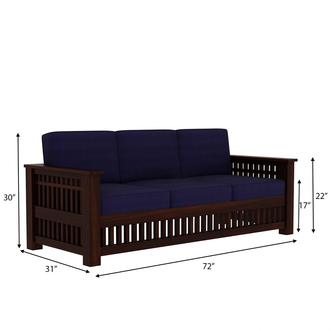 Anjani 3+1+1 Seater Wooden Sofa (BLUE Colour, Dark Walnut Finish)