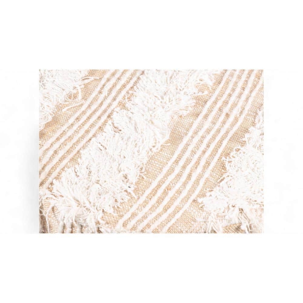 Louisville Acacia Wood Mid Century Round Set of 2 Pouf Stools in Beige Fabric