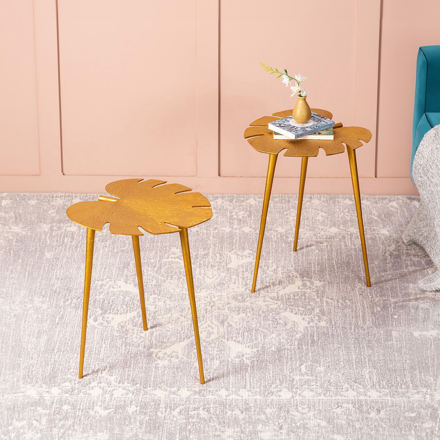 Cosmo Aluminium Leaf End Table in Gold Color Set of 2 - Nestroots