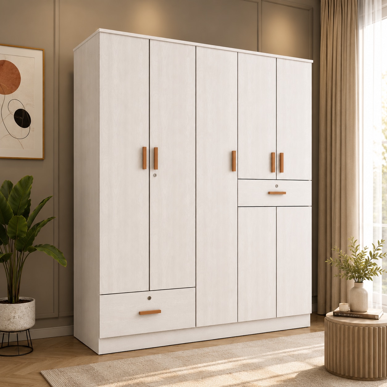 Ren 5 Door Engineered Wood Wardrobe in Silver Oak Finish