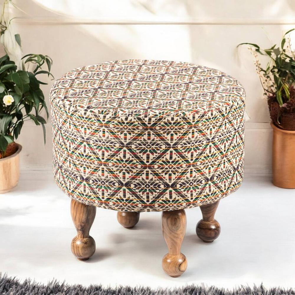 Louisville Acacia Wood Parisian Round Pouf Stool in Multicolour