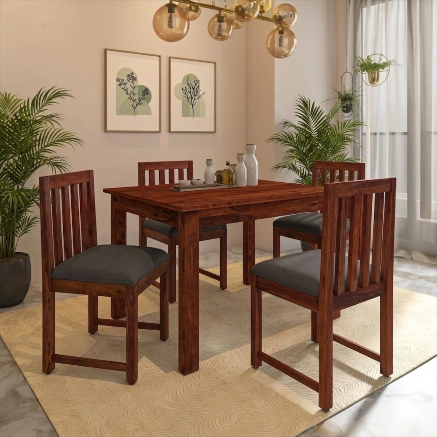 Aura 4 Seater Dining Set with Cushioned Chairs in Dark Grey Colour - Interior Valley