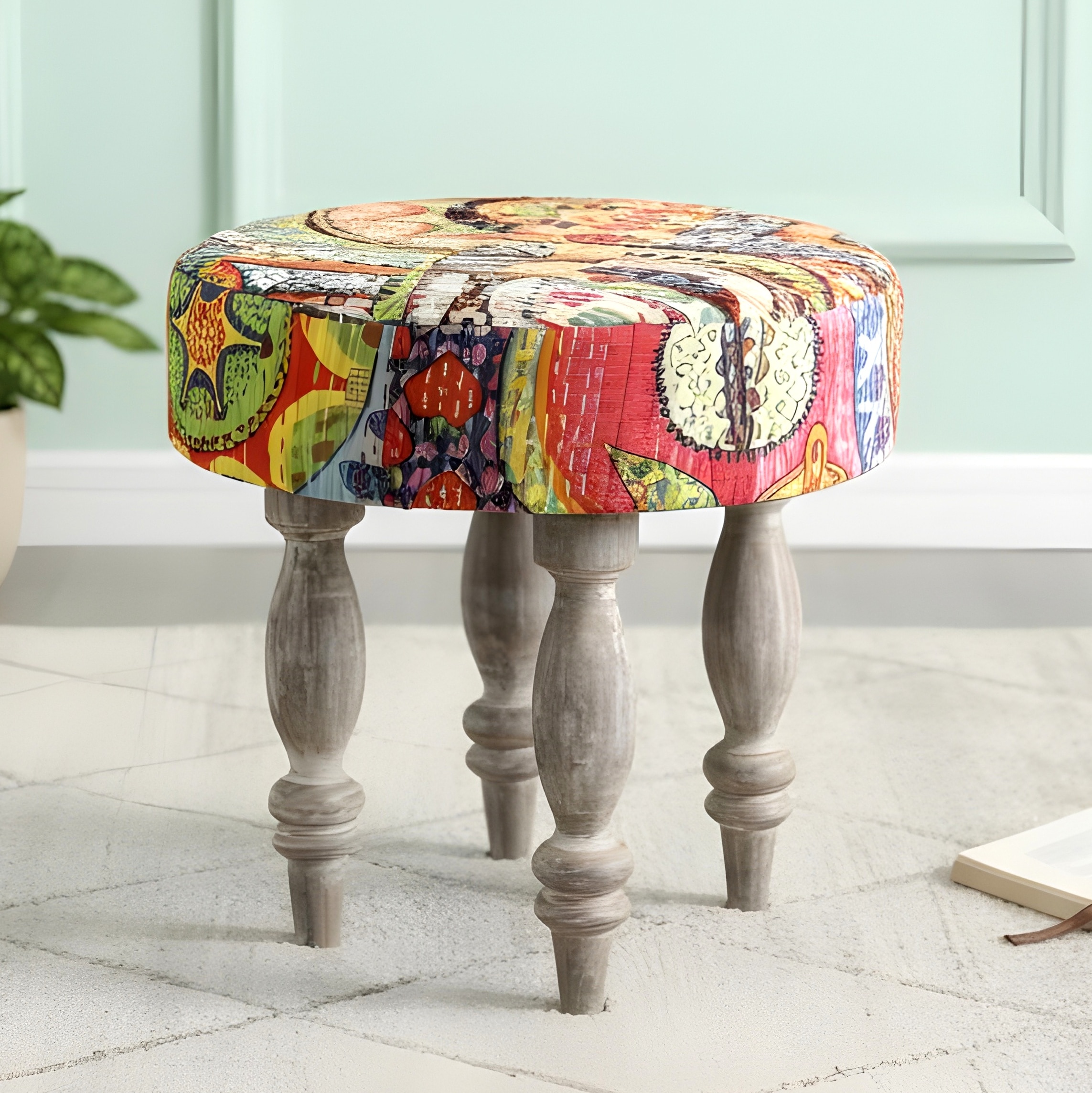 Roswell Sheesham Wood Bohemian Round Stool in Israel Print Patchwork Kantha Upholstery