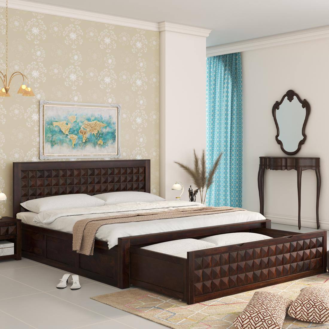 Keaton Sheesham Wood Queen Size Bed Drawer And Box Storage Walnut Finish (60 x 78 inches)