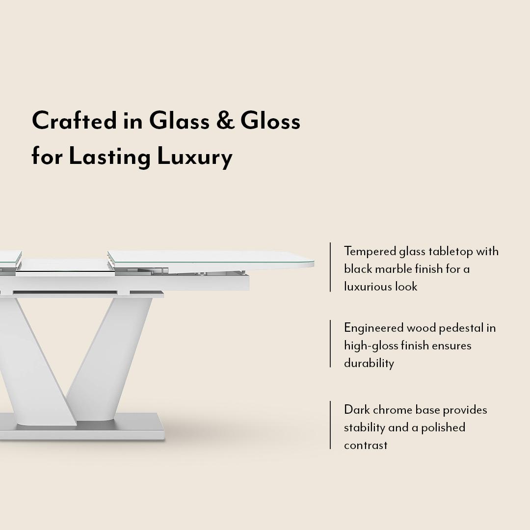 Caribu 6 To 8 Extendable Dining Table In White Marble Color With High Gloss Finish